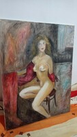 Gyönyörű akt festmény, női ülő alak ablak előtt, 86 cm festmény