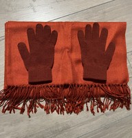 Giant brick red colored scarf/stole with matching knitted gloves.