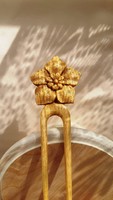 Carved wood, natural ash, stylized lotus flower patterned hairpin, hair ornament