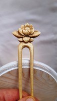 Carved wooden, natural maple wood hairpin with a lotus flower pattern, hair ornament