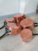 Antique French 5-piece copper, red copper sauce set, set with legs