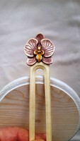 Wooden carved and painted orchid flower pattern hairpin, hair ornament