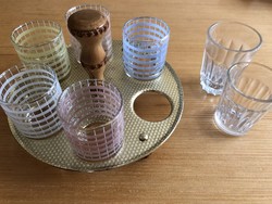 Retro toasting set, colorful glass glasses in a golden round holder