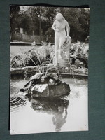 Képeslap, Balatonboglár, park részlet, vízbe lépő lány akt szobor, szökőkút