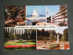 Képeslap,Balatonlelle,mozaik részletek,üdülő,park,vitorlás hajó, galambos szökőkút