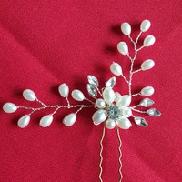 Wedding had20 - bridal hair ornament, white pearl hairpin with crystal stones