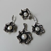 Old Polish handcrafted silver jewelry set with large baroque pearls