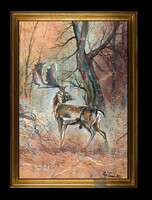 Neszez az erdő -vadászjelenetes festmény- arany képkeretben-dámszarvas