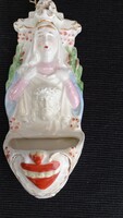Antique German porcelain holy water tank with relief Madonna, in front of Jesus head with crown of thorns
