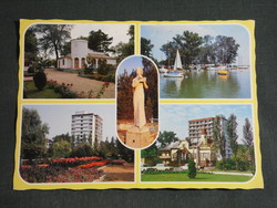Postcard, Boglárlelle, mosaic details, peace park, girl with dove statue, pier, harbor, resort