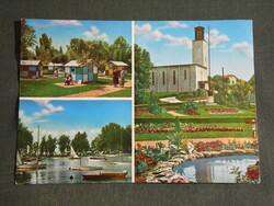 Postcard, balaton boglár, mosaic details, church, park, port, camping, resort