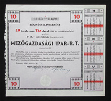 Agricultural industry joint stock company share certificate 10x15 pengő 1946