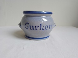 Kék szürke mázas porcelán kovászos ecetes uborka kínáló konyhai tartó tároló edényke Gurken felirat