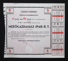Mezőgazdasági Ipar Részvénytársaság részvény elismervény 5x15 pengő 1946