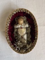 Beautiful little Jesus in burgundy velvet with gold lace and pearls