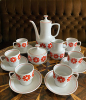 Red floral, decorative, retro Hólloháza porcelain coffee - mocha - complete set