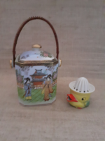 Old Chinese hand-painted porcelain tea herb holder with a bamboo handle and a small marked lemon squeezer