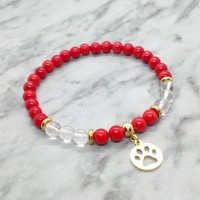Coral and rock crystal mineral bracelet with stainless steel spacer