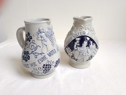 Pair of two old German blue gray stoneware porcelain jugs wine pouring jugs 2.5 dl labeled grapes