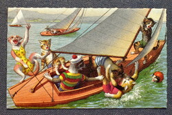 Régi retro humoros grafikus képeslap cica  - hajózás