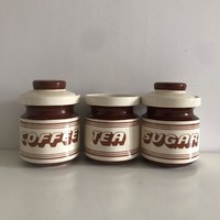 3 brown and white kitchen containers
