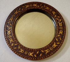 Rare Retro Vintage Polish Industrial Burnt Wood Copper Beater Inlay Circular Round Wall Mirror
