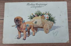 Dedikált 1915. Kutyás Karácsonyi képeslap ( Címzett :  Dunaszerdahely II. őrzászlóalj . 3. század )