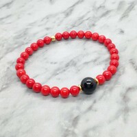 Coral and onyx mineral bracelet with stainless steel spacer