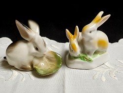 Hollóháza bunnies, pair of bunnies + gift Zsolnay bunnies with cabbage leaves