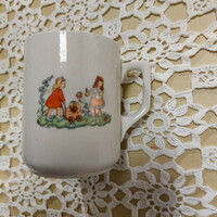 Zsolnay antique children's mug, two little girls with prams