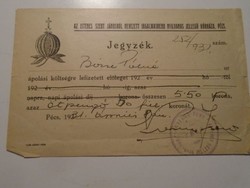 Za492.19 - Pécs 1931 St. John's Hospital 5.50 Pengő care costs - list