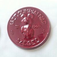 Moscow Olympics misa teddy bear ceramic plaque 1980 Szeged (2 pieces)