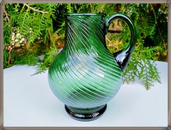 Antique, blown-torn, rare, green glass jug, pitcher