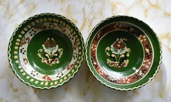 Hódmezővásárhely ceramic flower, folk pattern, hand-painted decorative plate, plate, 2 pieces
