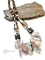 Quartz crystal-dotted agate-tiger eye stainless steel necklaces