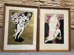 Pair of colored etchings by Károly Reich, low serial number (28/100 and 25/100)