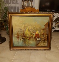 Antique opulent painting seaport with sailboats!