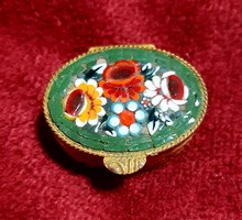 Vintage Italian Floral Micro Mosaic Gold Tone Hinged Oval Pill Box