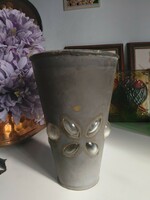 20 cm high, 13 cm top diameter, bulging blown glass vase in a metal housing arts and crafts