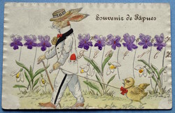 Antique art nouveau embossed Easter greeting card rabbit lord chick walks violet