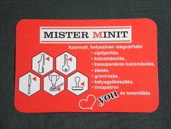 Kártyanaptár, Mister Minit cipőjavítás, kulcsmásolás,élezés,grafikai rajzos,reklám figura, 2009, (6)
