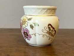 Painted Zsolnay porcelain ornament, a small vase with butterflies and flowers