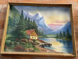 Waterside mountain cottage landscape xx. Signed from the century