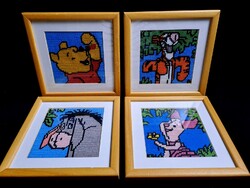 4 children's tapestry, tapestry picture in glazed wooden frame: Winnie the Pooh, Tiger, Chick, Piggy