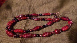 55 cm, very special, red-black, vintage necklace made of handmade glass beads.