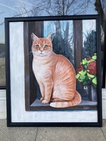 Macska az ablakban - festmény - 31*36 cm kerettel