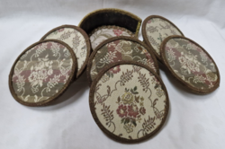 Beautiful old set of coasters on both sides between the glass with fabric inserts embroidered in gold color