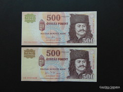 2 pieces of 500 HUF 2006 - 2010 nice crisp banknotes