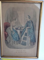 Antique colored etching, lithograph, graphic in gold frame. 17X24 cm modes des paris le miroir