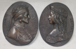 Antik Dante és Beatrice bronz portré dombormű vagy plakett akasztóval együtt eladók 11 cm.